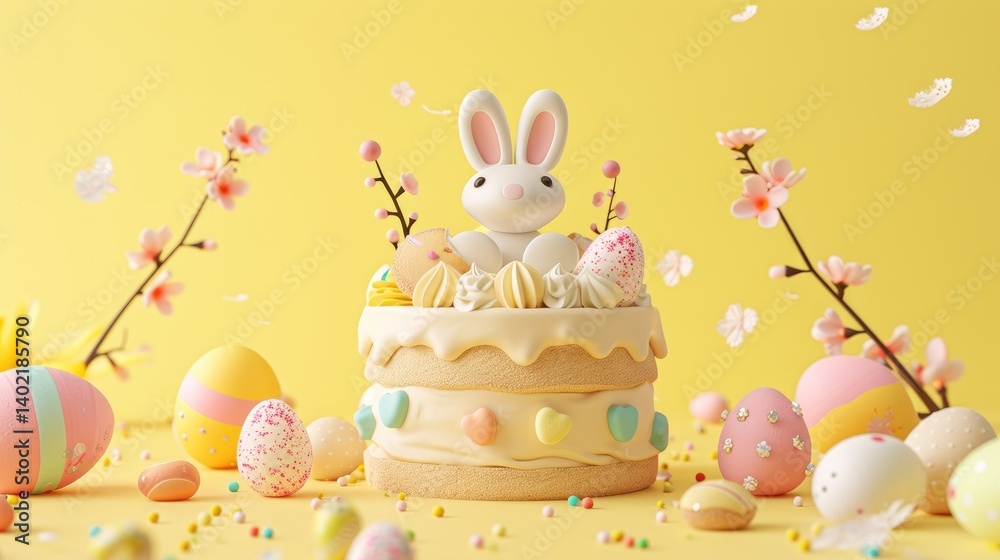 Easter bunny cake With colorful eggs and delicate spring blossoms, set against a bright yellow background.