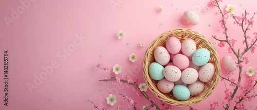 Obraz na płótnie Wicker basket filled with pastel-colored Easter eggs is surrounded by delicate pink and white blossoms on a pink background. w salonie
