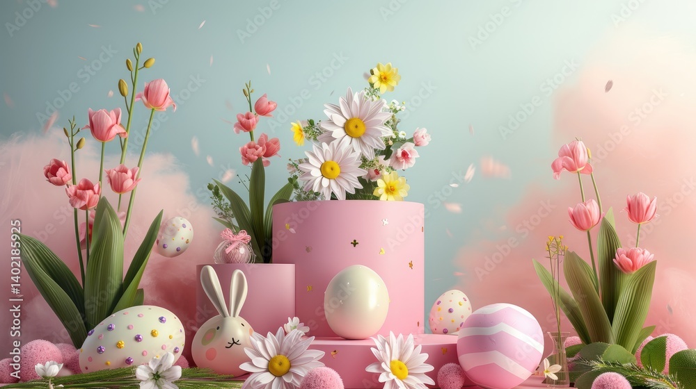 Pastel Easter Scene with Flowers Eggs and Bunny on Blue Background