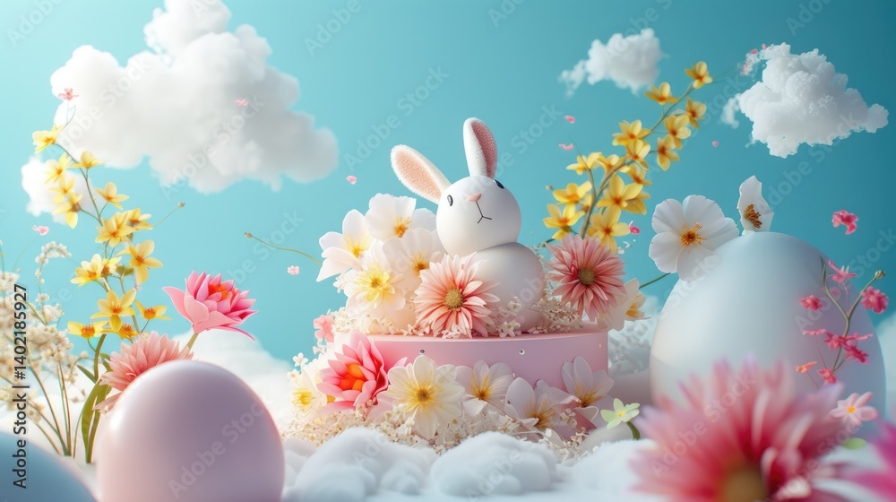 Easter Bunny Surrounded by Spring Flowers and Clouds