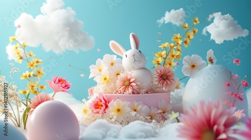 Obraz na płótnie Easter Bunny Surrounded by Spring Flowers and Clouds w salonie