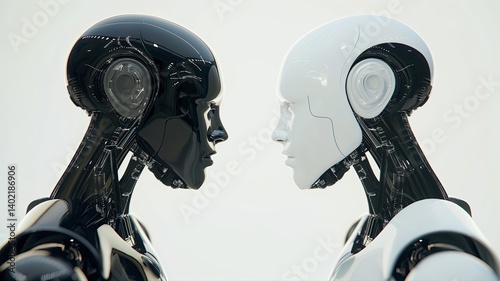 Two robots are standing and looking at each other