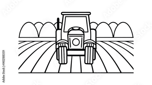 Line Art Tractor Plowing Fields In Agriculture Illustration Simple Geometric Farm Vehicle And Mountain Landscape