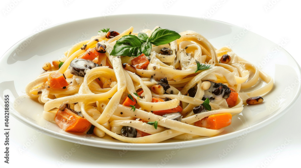 Vegetarian Delight Fettuccine Alfredo with Roasted Vegetables, Toasted Pine Nuts, and Truffle Oil Vegetarian Delight Fettuccine Alfredo with Roasted Vegetables, Toasted Pine Nuts, and Truffle Oil