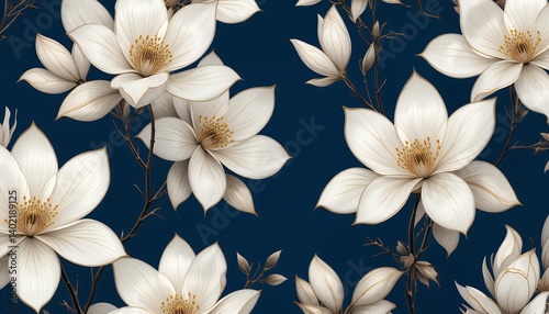 Luxury Magnolia Floral Design Elegant White Flowers with Gold Accents on Deep Blue