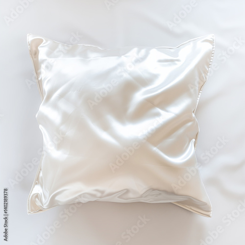 close up top view square pillow in milky silk pillowcase on white surface