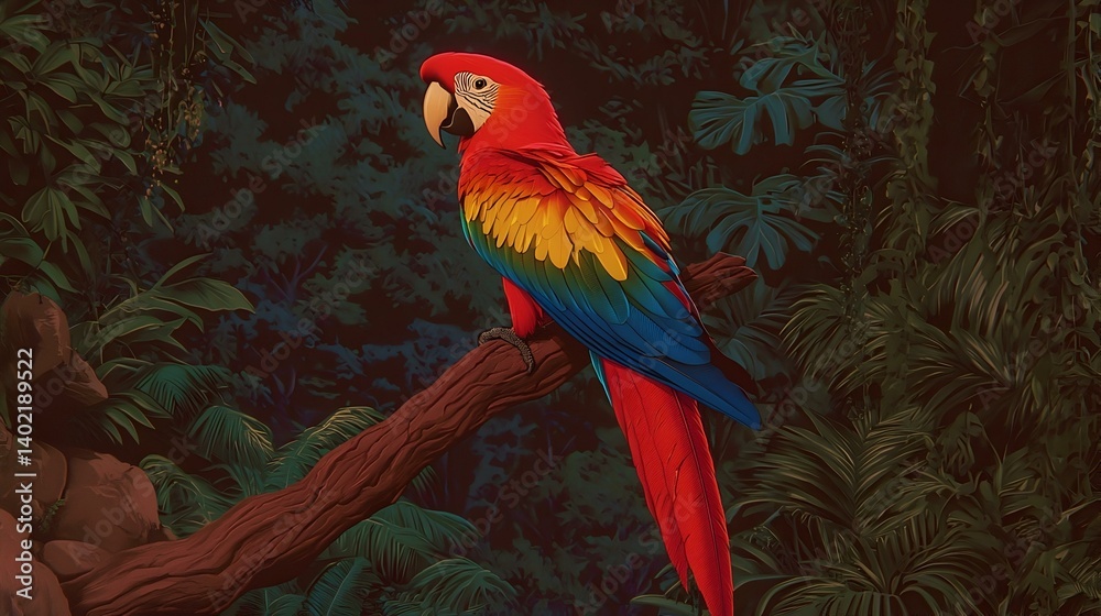 Fototapeta premium Scarlet Macaw perched on a branch in a lush tropical rainforest.