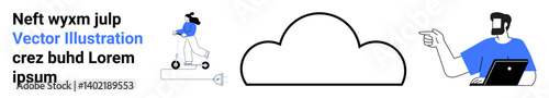 Electric scooter rider, cloud icon, man with laptop gesturing. Ideal for technology, communication, mobility, cloud computing, teamwork innovation digital solutions. Flat landing page banner