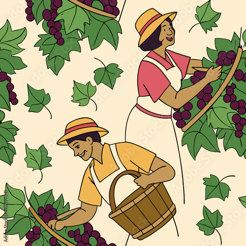 Seamless vector pattern of vineyard workers harvesting grapes  