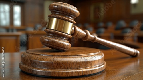 Wooden gavel on a table in a courtroom
