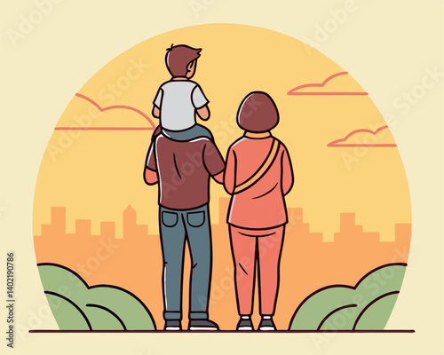 Father's Day Graphic: Family of Three Silhouette Watching Sunset: Father, Mother, and Child.