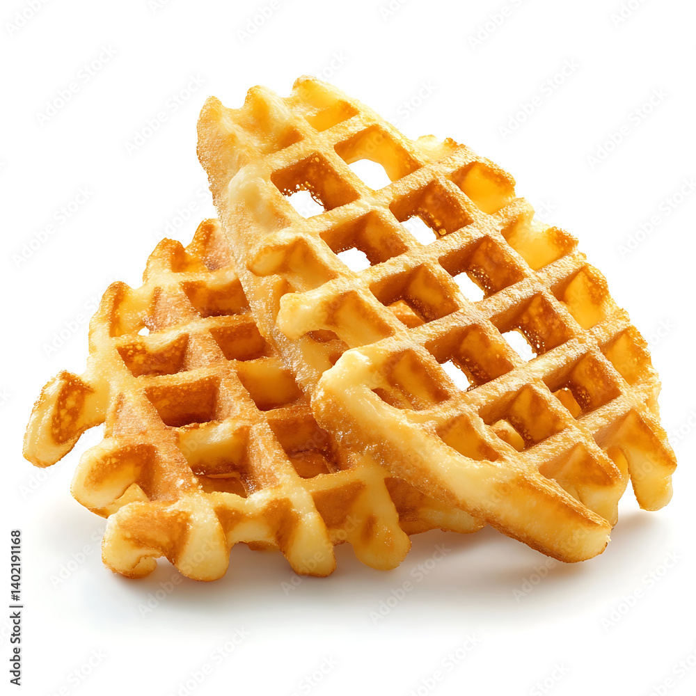 Golden and crispy waffle fries with a crunchy exterior and soft interior, isolated white background, hyperrealism art style Golden and crispy waffle fries with a crunchy exterior and soft interior, isolated white background, hyperrealism art style