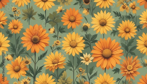 Wallpaper Mural Botanical Floral Pattern Orange and Yellow Daisies on Teal Background Torontodigital.ca