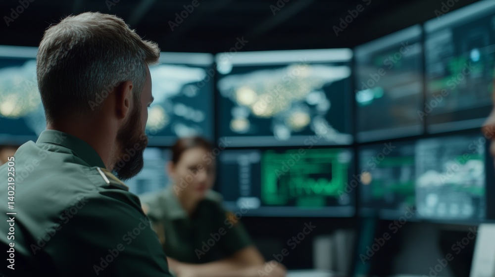 Fototapeta premium Uniformed personnel concentrate on digital displays showing satellite imagery and tactical overlays, facilitating real-time data analysis in a high-tech operations room