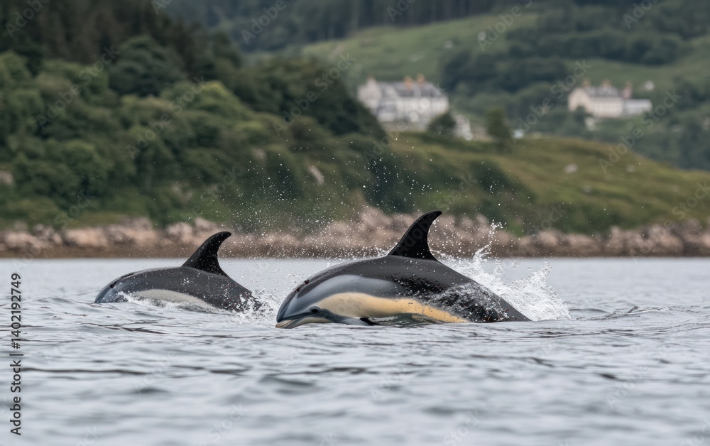 Fototapeta premium Two Dolphins Swimming in Calm Ocean near Green