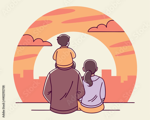 Father's Day Graphic: Family of Three Silhouette Watching Sunset: Father, Mother, and Child.