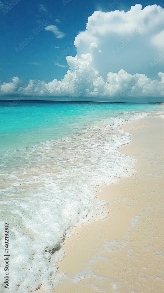A tranquil beach scene with turquoise water, white sand, and fluffy clouds. A tranquil beach scene with turquoise water, white sand, and fluffy clouds.
