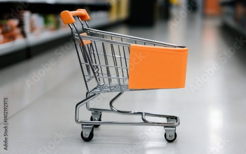 Small Orange Shopping Cart in Supermarket Aisle