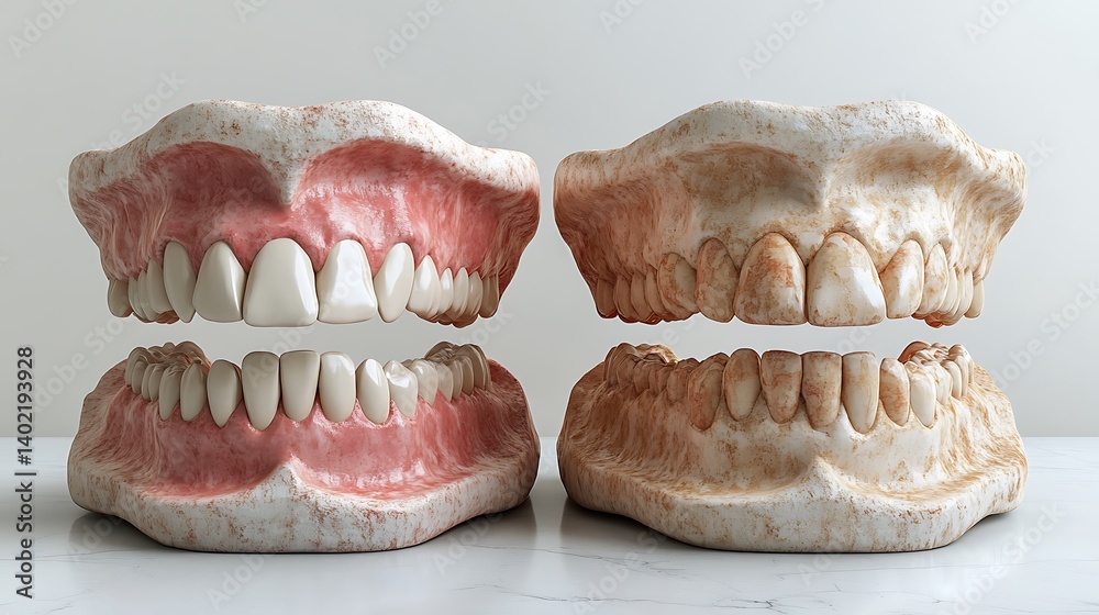 Side-by-side comparison of healthy and decayed teeth in 3D, slightly lifted above the white floor with realistic soft shadow Side-by-side comparison of healthy and decayed teeth in 3D, slightly lifted above the white floor with realistic soft shadow