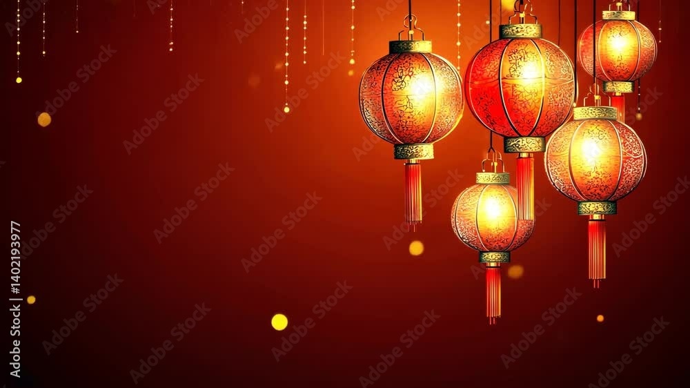 Festive hanging lanterns glow softly against a rich red background, creating a vibrant and celebratory atmosphere for seasonal greetings. Festive hanging lanterns glow softly against a rich red background, creating a vibrant and celebratory atmosphere for seasonal greetings.