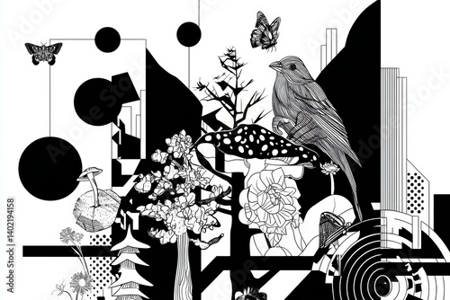 Modern Urban Skyscrapers with Lush Trees in Black and White Vector Illustration, Abstract Geometric Background photo