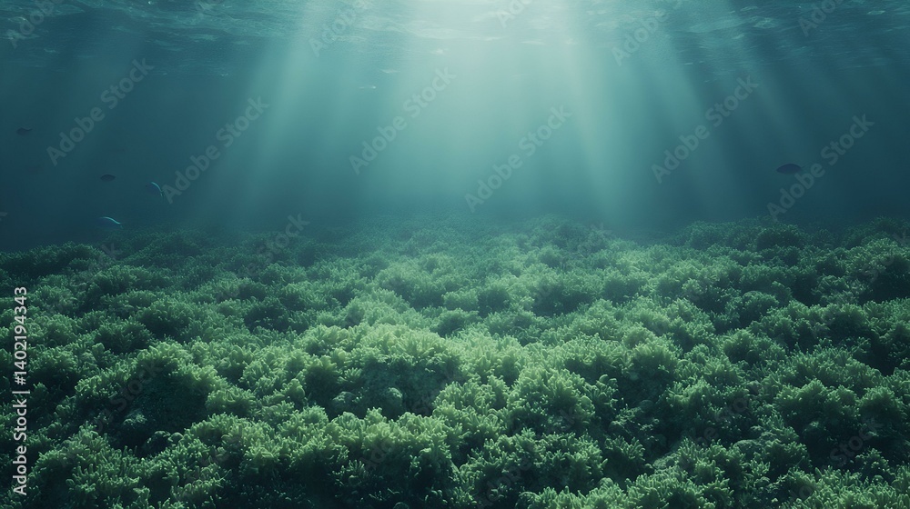 Fototapeta premium Underwater coral reef scene with sunbeams penetrating the water. Serene and peaceful underwater landscape. Ideal for nature documentaries, websites, and desktop backgrounds.