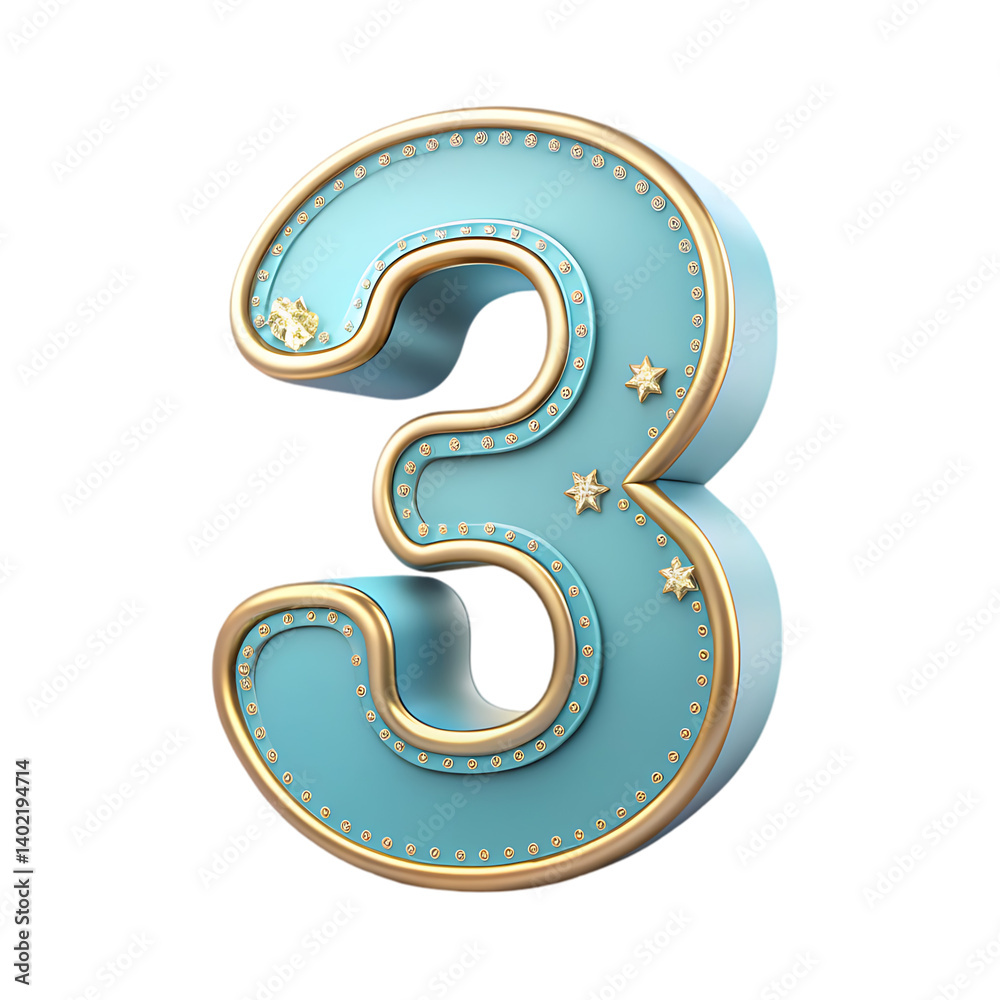Teal Gold Number 3 3D Render Teal Gold Number 3 3D Render