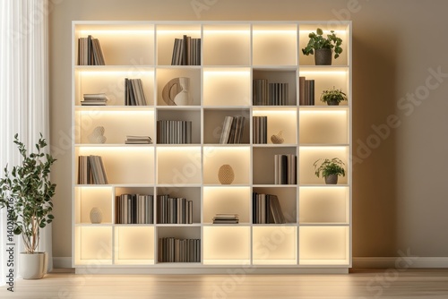 Illuminated bookshelf with books and plants