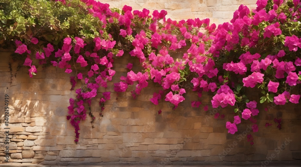 Vibrant bougainvillea flowers cascading over a rustic wall creating a picturesque.generative.ai