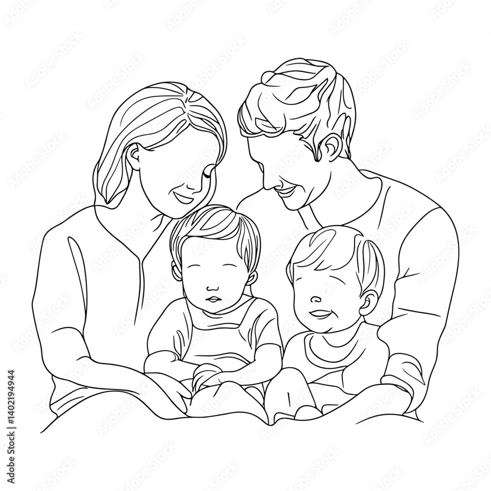 Family with Two Kids Sitting Together – Line Drawing Family with Two Kids Sitting Together – Line Drawing