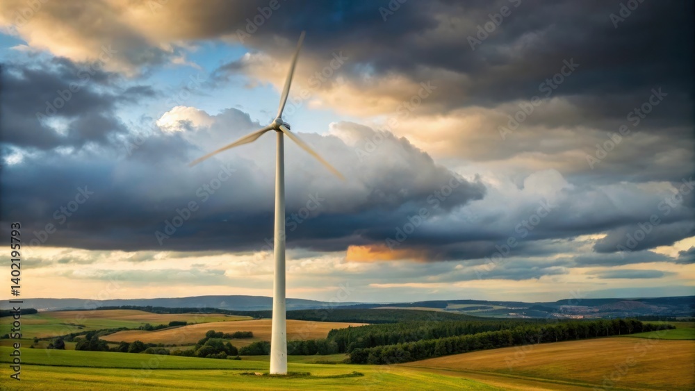 Obraz premium Wind turbine generating renewable energy on rural landscape under cloudy sky