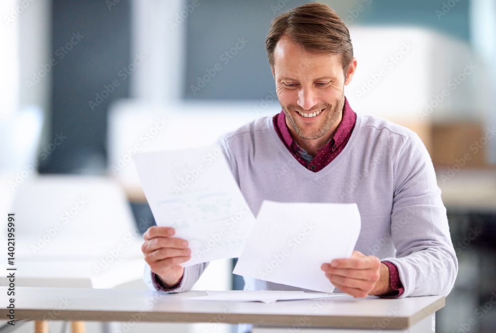 Business, office and man with paperwork, smile and reading for feedback, planning and review. Person, employee and professional with documents, consultant and report with ideas, research and notes Business, office and man with paperwork, smile and reading for feedback, planning and review. Person, employee and professional with documents, consultant and report with ideas, research and notes