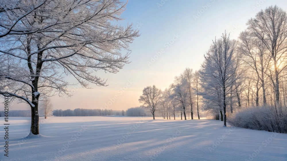 Obraz premium Snow covered trees and field in peaceful winter landscape at sunset