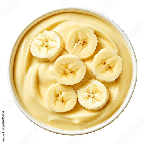 Smooth and creamy banana pudding with a silky texture and a rich, sweet flavor, isolated white background