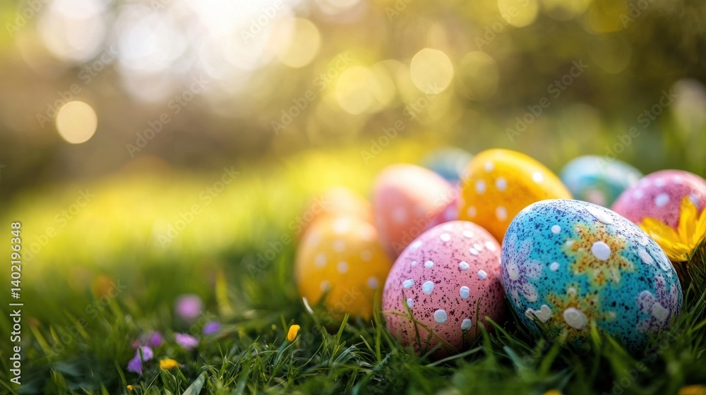 A bunny with Easter eggs in a field. A bunny with Easter eggs in a field.
