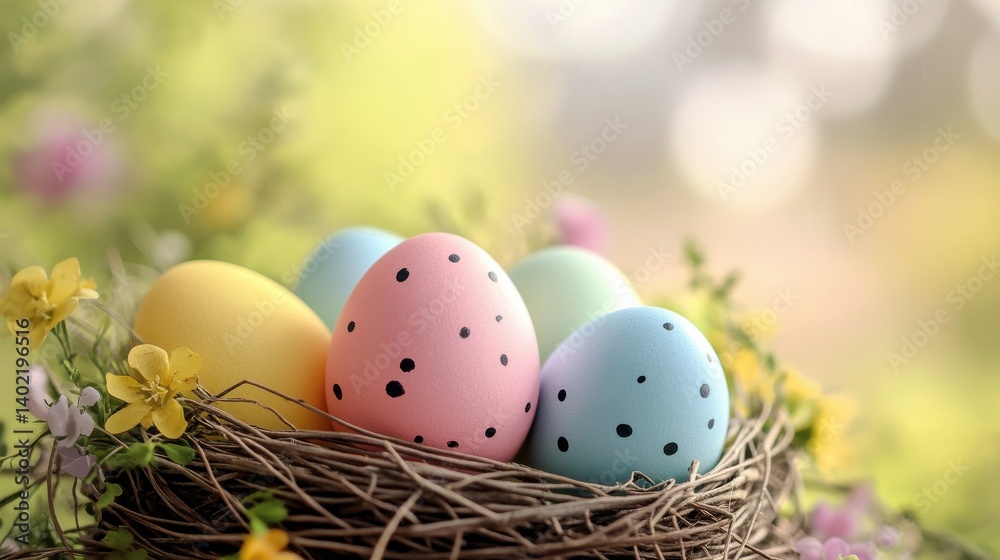 A bunny with Easter eggs in a field. A bunny with Easter eggs in a field.