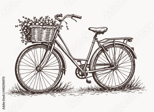 Vector hand drawn illustration of city bicycle in ink hand drawn style. Bike with pannier rack and front wicker basket.