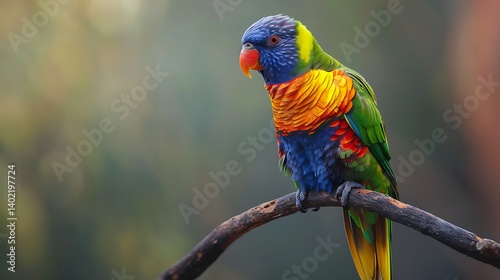A stunning rainbow lorikeet perched on a tree branch, showcasing its vibrant green, blue, orange, and red plumage in a sunlit forest setting with a soft bokeh background of natural light and leaves.


