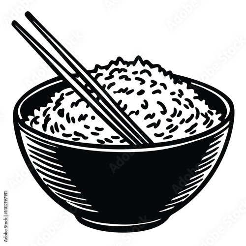 a rice bowl with chopsticks resting