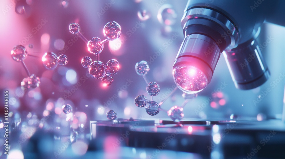 A futuristic biochemical laboratory where glowing molecular structures