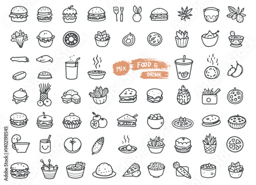 Vector illustration of food and drink icons.