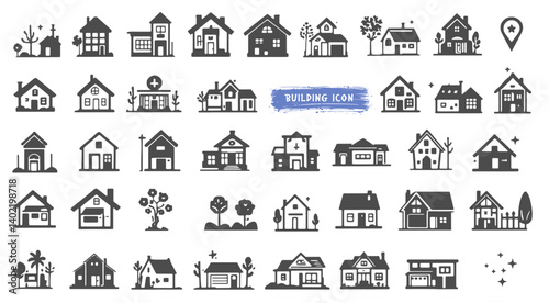 set of  icons about the city building. Contains such icons as apartments, office, bank, hospital, buildings, skyscraper, mall and park