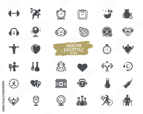 Healthy lifestyle icon set. Contains such Icons as diet, exercise, sleep, running, routine, gym, nutrition, cardio exercises, sports supplements, yoga, self-care, culture and hobbies icons
