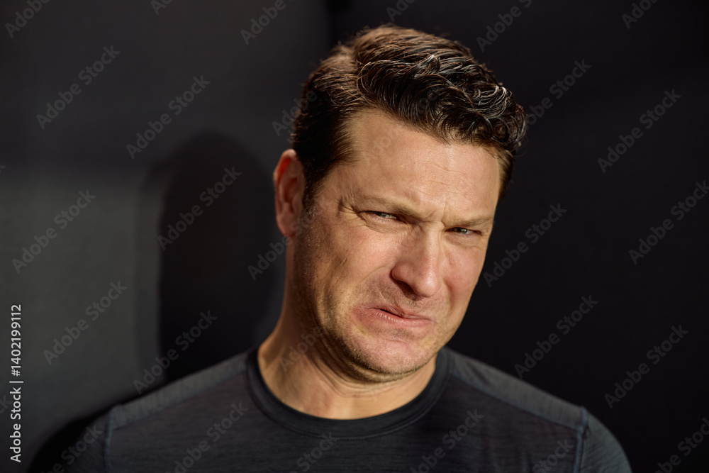 Studio shot of man looking at something with disgust. Studio shot of man looking at something with disgust.