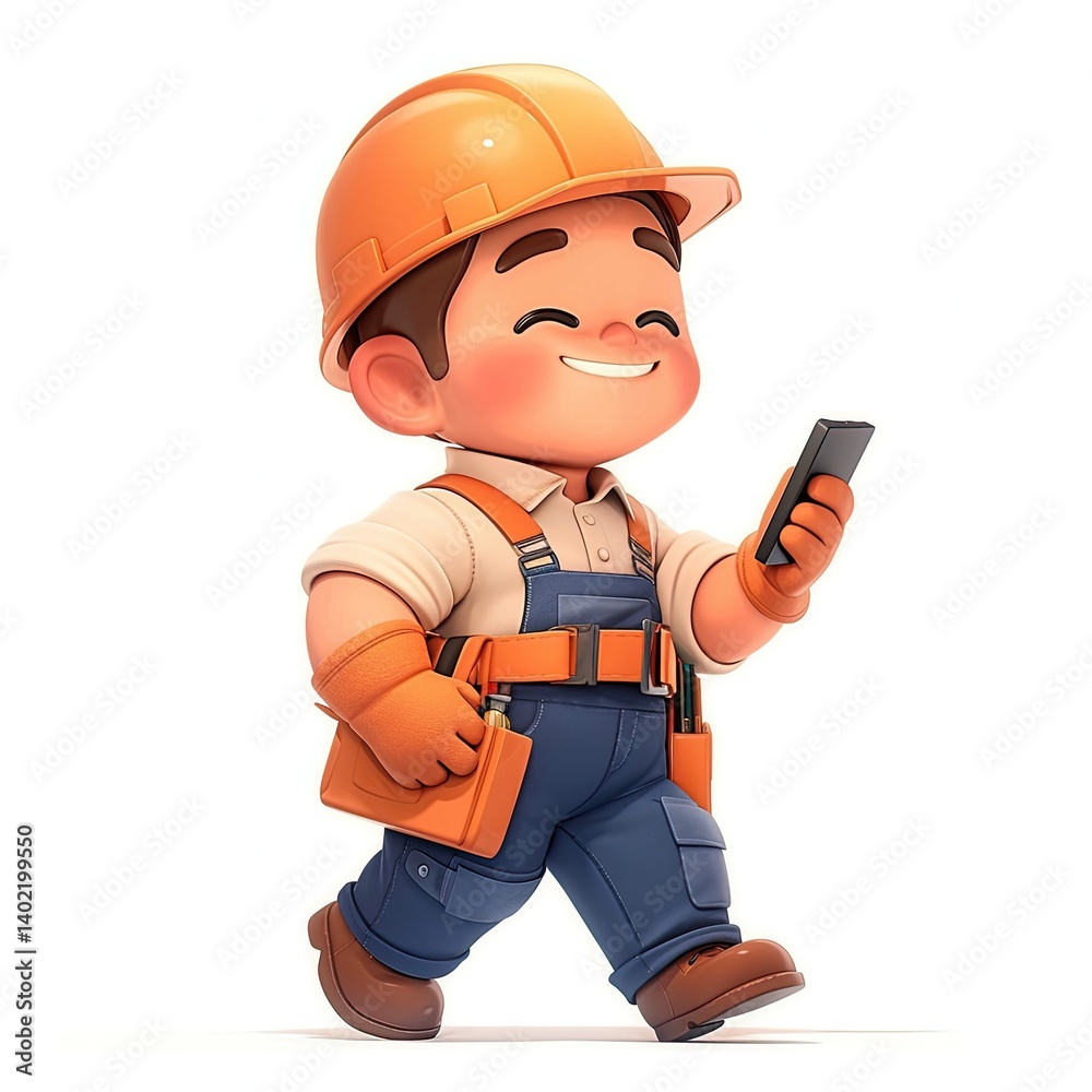 Smiling Cartoon Worker Using Smartphone, 3D Render Smiling Cartoon Worker Using Smartphone, 3D Render