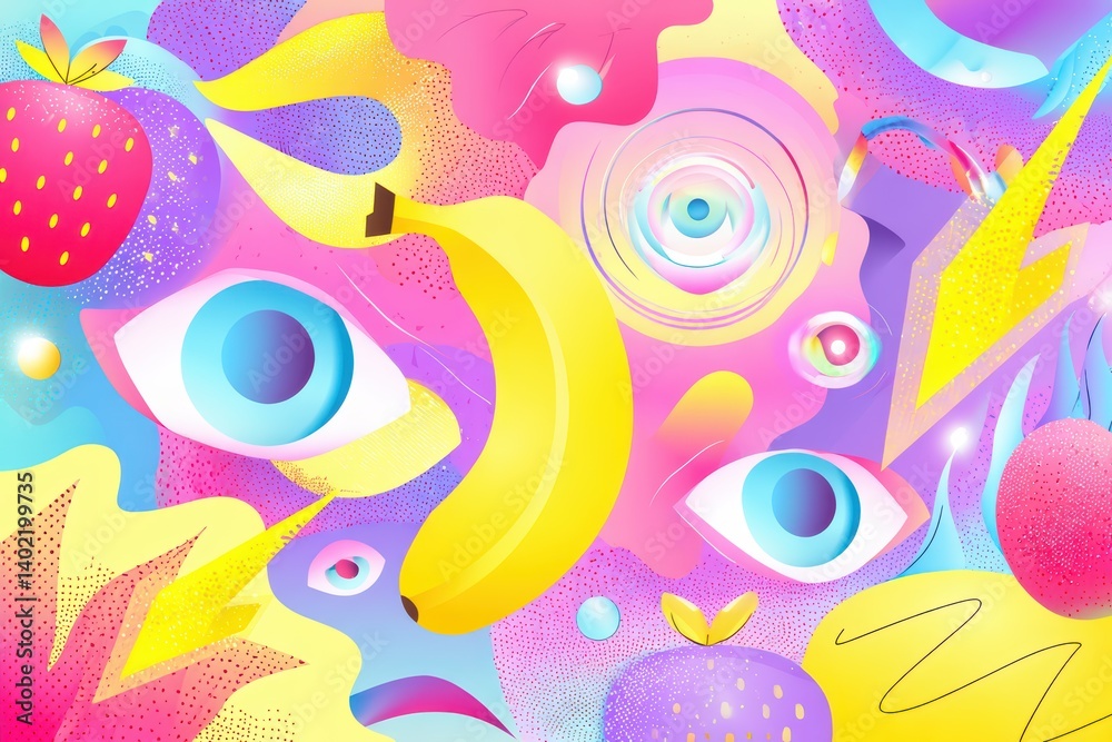Vibrant Abstract Art with Giant Eyes and Fruits in Surreal Fantasy Style Vibrant Abstract Art with Giant Eyes and Fruits in Surreal Fantasy Style