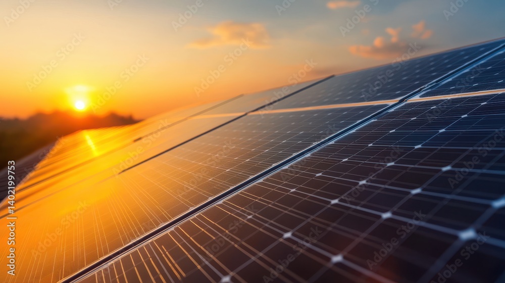 Fototapeta premium Close-up of solar panels on a roof at sunset. Copy space.