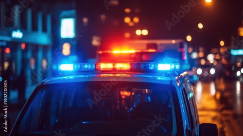 Fototapeta Naklejka Na Ścianę i Meble -  Close-up of the emergency medical services ambulance's roof blue light flasher while it is travelling. Rescue themes.