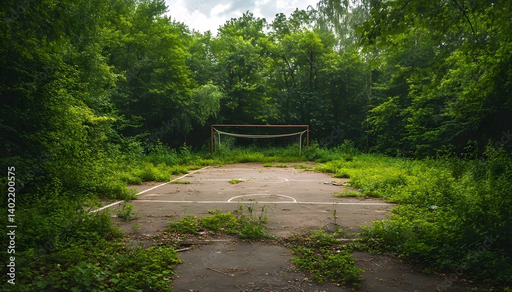 Overgrown Football Court: Abandoned, Forest Scene, Lost Place Concept Overgrown Football Court: Abandoned, Forest Scene, Lost Place Concept