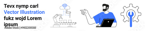 Engineer with laptop pointing at robotic arm on assembly line and gear tool icon representing automation, technology concepts. Ideal for manufacturing, technology, innovation, engineering, AI